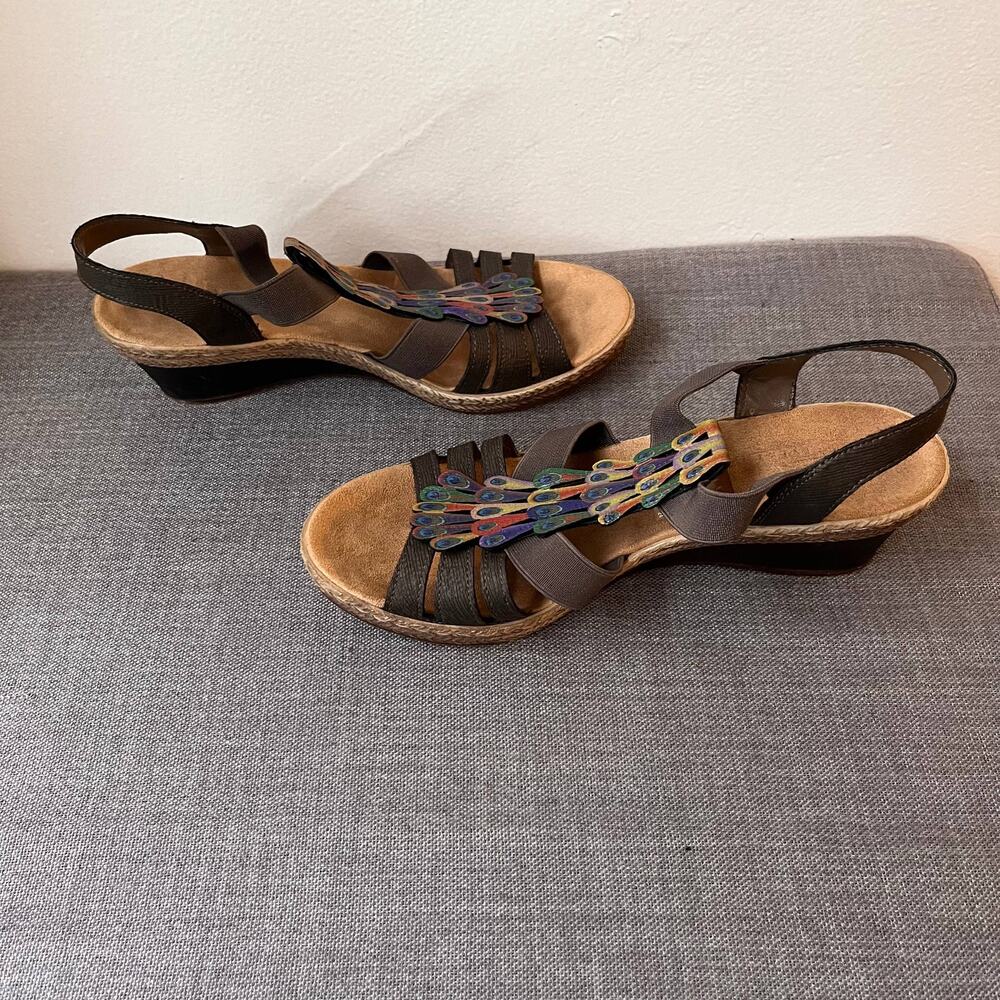 Rieker Sandals Womens Size 37 Brown Multi Color Peacock Boho Festival Wedge Art - Picture 3 of 8